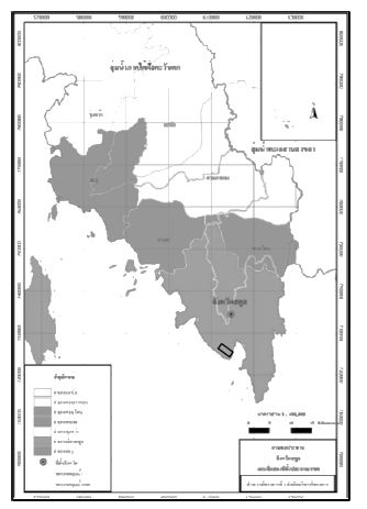 Study area and a permanent plot ( ) of 20 m x 500 m at Mangrove Forest Resources Research Center 6 (Satun).