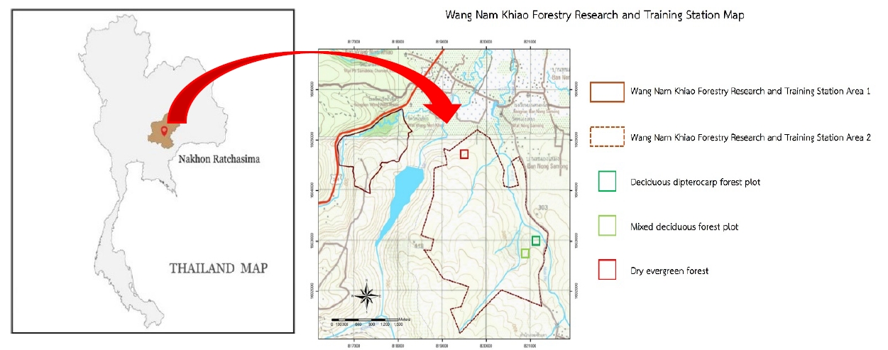 Location of study sites in Wang Nam Khiao Forest Research Station, Nakhon Ratchasima Province.