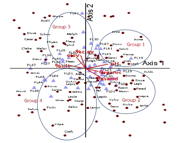 Ordination of tree communities based on environmental variables in Khao Nam Sap Forest. The symbols of indicated sample plots, while and abbreviation represented plant species.