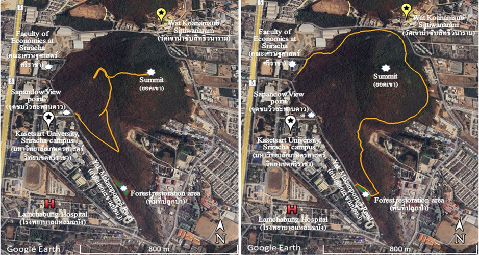 Nature trail routes in the Khao Nam Sub area, consisting of (A) the summit trail and (B) the foothill trail, located partially within the forest restoration area of Kasetsart University, Sriracha Campus, Chonburi Province.