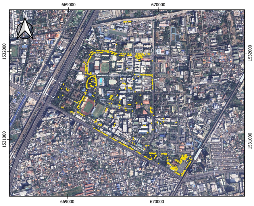 Study area showing Peltophorum pterocarpum’s locations (yellow dots).