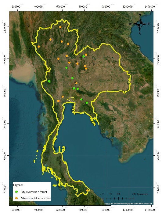Concentric sample plots within botanical gardens and arboreta across Thailand.